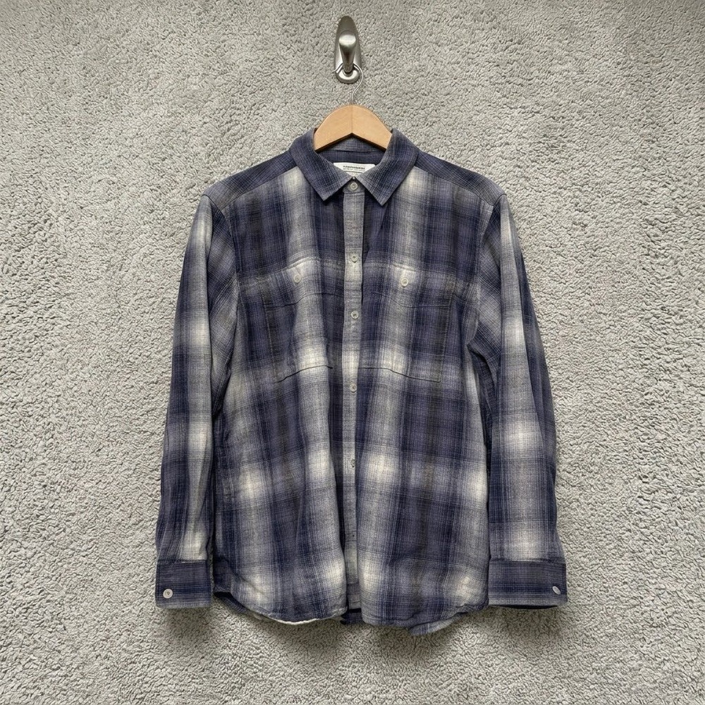 REI Co-op Womens XL Blue Plaid Hemp Cotton Blend Button Up Shirt with Pockets